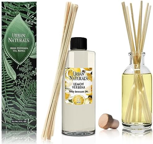 Urban Naturals Reed Diffuser Oil Refill Lemon Verbena with Lemon Zest, Bergamot, Vetiver, Cedarwood 8 oz + Free Reed Sticks, Made in the USA