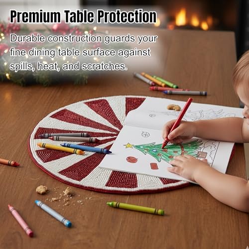 Alpha Living Home Beaded Placemats, Set of 2, 13 in Round, Red & White