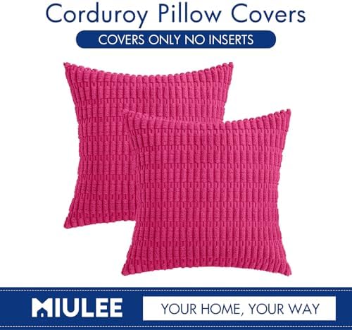 MIULEE Corduroy Decorative Throw Pillow Covers 18x18 Hot Pink Pack of 2