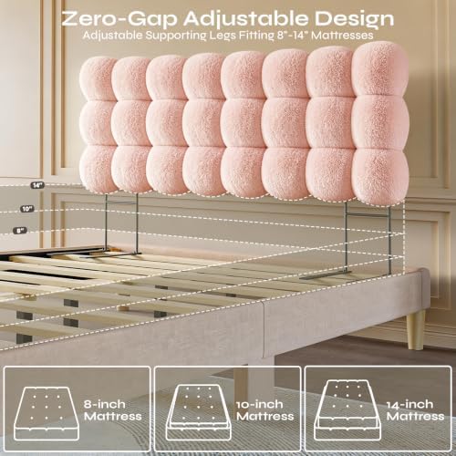Pinmoco Queen Cloud-Shaped Upholstered Headboard, Teddy Fleece Pink