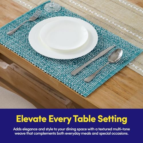 Sweet Home Collection 100% Cotton Placemats for Dining Room Rectangle Two Tone Woven Fabric 13" x 19" Soft Durable Table Mat Set, Set of 4, Turquoise