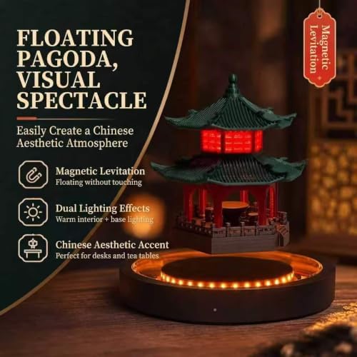 Levitating Ancient Tower Lamp Pavilion Magnetic Floating Attic Night Light 360° Spinning in The Air Freely Decorative Tower Lamps for Home Office