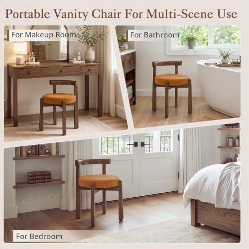 LUE BONA Wood Vanity Chair Stool with Back, Mid-Century Makeup Bench, Brown