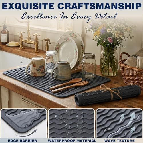 CAKETIME 2 Pack Silicone Dish Drying Mat for Kitchen Counter Shower Caddy Waterproof Heat Resistant Dishwasher Safe Coffee Bar Placemats Essentials 15"x11.5" Transparent Stripes