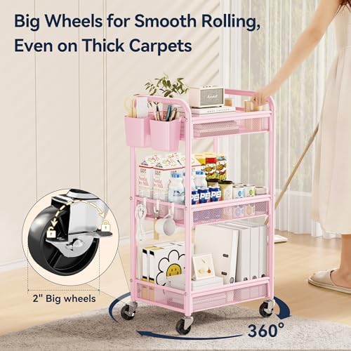 YASONIC 3 Tier Metal Rolling Cart, Pink Utility Storage Cart with Wheels