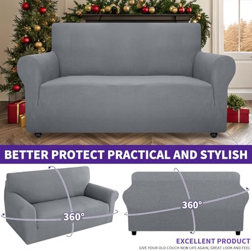 ZNSAYOTX Super Stretch Couch Cover Love Seat Sofa Covers for Living Room Dogs Pet Friendly Furniture Protector Spandex Loveseat Slipcovers with Anti Slip Foam Sticks (Light Grey, Loveseat)