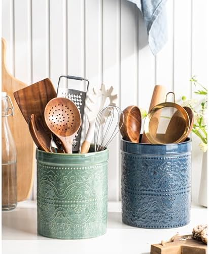 Kitchen Utensil Holder, 7 Inches Large Ceramic Utensil Holder for Countertop, Lace Emboss Cooking Utensil Crocks for Kitchen, Home Decor, Reactive Blue