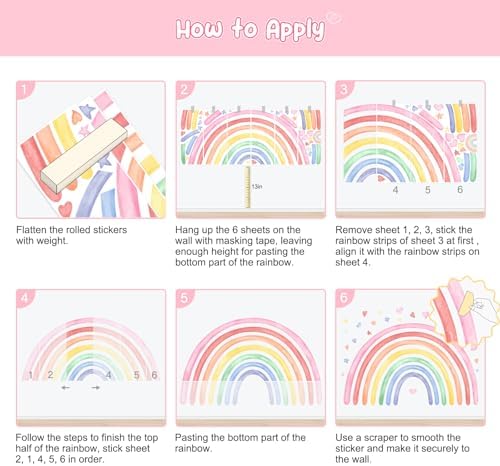 77" x 47" Large Rainbow Wall Decals Stickers for Girls Nursery Peel and Stick Watercolor Rainbow Hearts Stars Vinyl Wall Mural Art for Kids Toddlers Bedroom Playroom Classroom