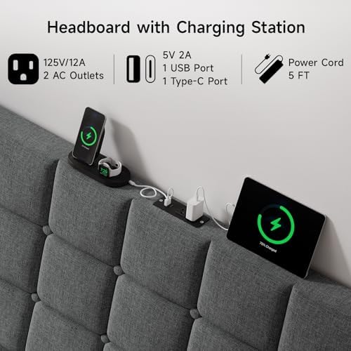 ONBRILL Ergonomic Headboard Queen Size with Charging Station, Dark Grey
