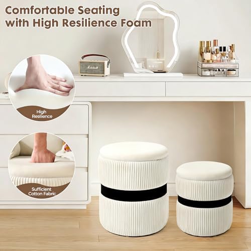 Set of 2 Storage Ottoman, Round Velvet Vanity Stool with Tray, White