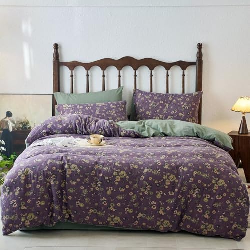 BuLuTu Vintage Purple Green Floral Duvet Cover Set Queen Comforter Cover Yarn-Dyed Jacquard Textured 100% Cotton Muslin Quilt Cover with Zipper Closure, 90"x90", Ultra Soft Breathable