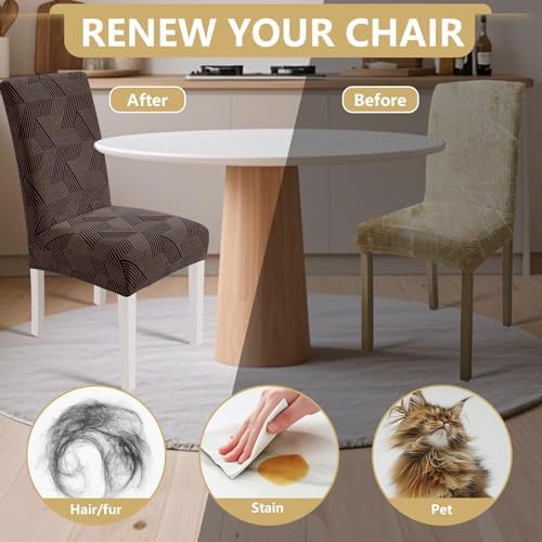 JIVINER Stretch Dining Chair Slipcovers Set of 2, Geometrical Jacquard Dining Chair Covers, Washable Kitchen Chair Covers for Dining Room, Hotel, Party, Brown