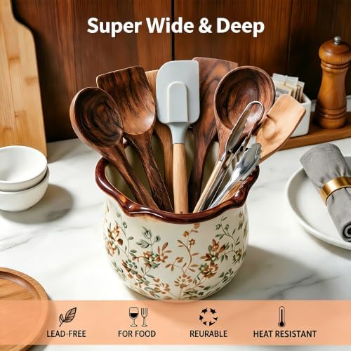 5.7'' Ceramic Utensil Holder for Kitchen Counter, Farmhouse Floral Crock