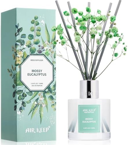 Airkeep Reed Diffuser Set,3.38 fl oz (100 ml) - Moss Eucalyptus Oil Diffusers with 8 Reed Sticks, Home Fragrance Reed Diffuser for Bathroom Shelf Decor