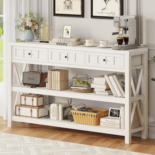 FATORRI Console Table for Entryway, 54.72 Inch Long Wood and Metal Sofa Table with 3 Drawers for Living Room, Farmhouse Hallway Tables and Modern Couch Tables Behind Sofa, White Oak