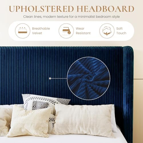 SHA CERLIN Full Corduroy Platform Bed with Tufted Wingback Headboard, Blue