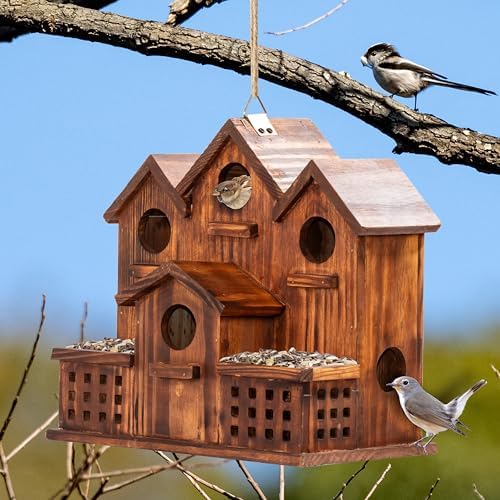 MIXUMON Bird House Outdoor with Feeder, 6-Room Wooden Birdhouse for Outdoors & Outside, Carbonized Pine Wood Bird Houses with 1.57” Entrance & Easy Clean-Out Doors (Natural Wood Door)