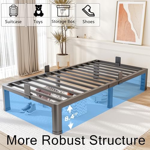 10 Inch Twin Bed Frame with Rounded Corner and Headboard Hole Mattress Retainers 3500 LBS Metal Heavy Duty Steel Slats Support No Box Spring Needed Platform Noise Free Easy Assembly