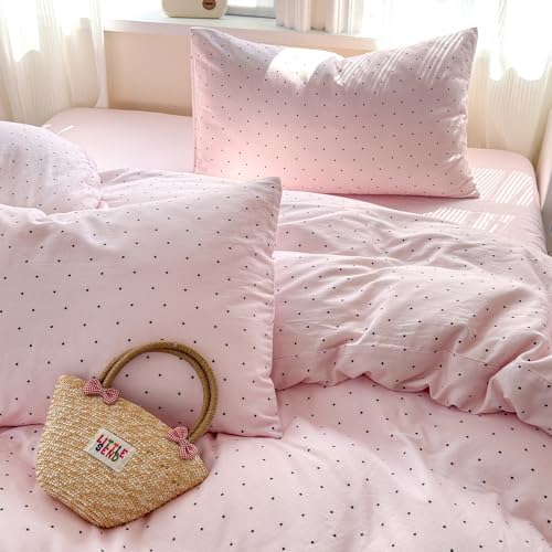 Polka Dot Duvet Cover Queen Size Pink Zipper Queen Size Comforter Cover Cotton Double Gauze Cute Soft Duvet Cover Set with 2 Pillowcases Boho Girls Bedding Set Muslin Duvet Protector