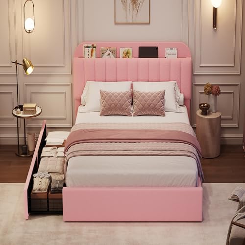 GarveeHome TwinXL Bed Frame, Platform Bed with Storage Headboard & Drawers