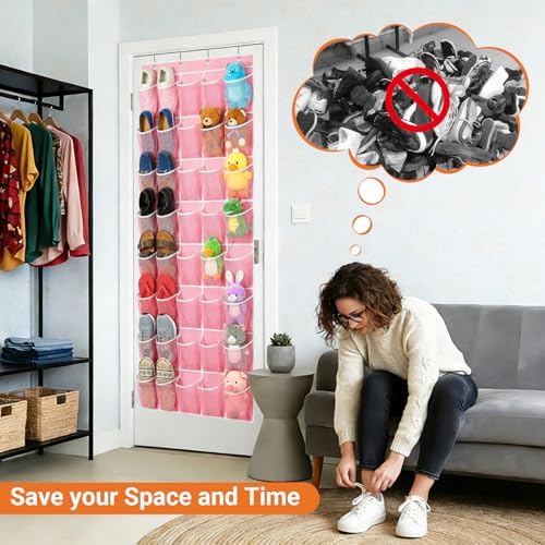 40-Pocket Over the Door Shoe Organizer - Large Mesh Pocket Hanging Shoe Organizer,Behind the Door Shoes Storage Holder Hanger (Pink-W)
