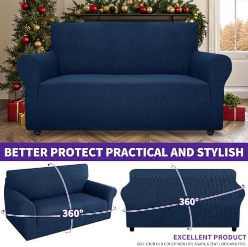 ZNSAYOTX Super Stretch Couch Cover Love Seat Sofa Covers for Living Room Dogs Pet Friendly Furniture Protector Spandex Loveseat Slipcovers with Anti Slip Foam Sticks (Navy Blue, Loveseat)