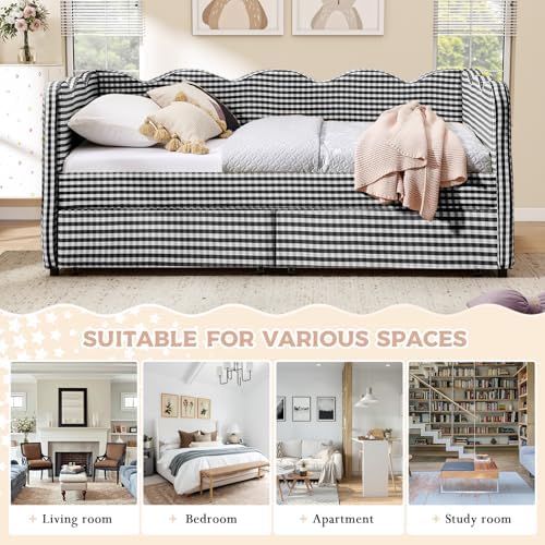 Twin Size Daybed with Storage Drawers, Linen Gingham Daybed with USB Ports & Wave Shaped, Upholstered Day Bed Frame, Modern Sofa Bed for Living Room/Bedroom/Guest Room, No Box Spring Needed, Black