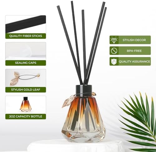 Reed Diffuser Set - 4 Empty Bottles with 20 Sticks, Delicate Gold Leaf Decor, Glass Fragrance Diffuser with Lids for Home, Bathroom | Refillable, Diamond Style (4 PCS Black)