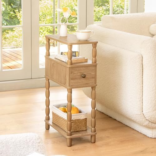 MaxSmeo Narrow End Table, Small Side Table Living Room with Drawer, Narrow Bedside Table Nightstand with Storage for Small Spaces, Bedroom (Rustic Walnut)