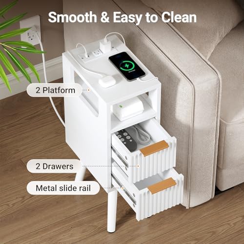 Narrow Side Table with Charging Station, Skinny Fluted Nightstand, White