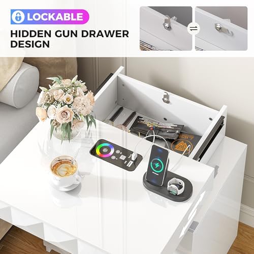 Dystler LED Night Stand Set 2 with Charging Station, Lockable Hidden Drawer