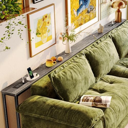 Huuger 118.1 Inch Behind Couch Table with 2 Power Outlets and USB-C Ports, Extra Long Narrow Sofa Table for Sectional Sofa, Skinny Console Table with Anti-Bump Pads, for Living Room, Grey