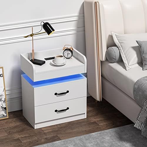 4ever2buy White Nightstand Set of 2 with Charging Station and LED Lights