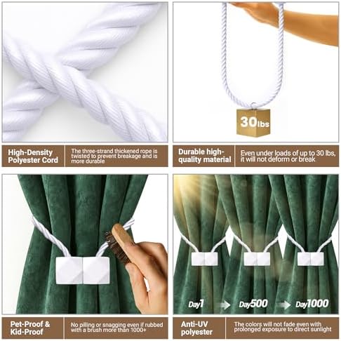 Hion Magnetic Curtain Tiebacks White 6pcs, Curtain Holdbacks Hooks Holders