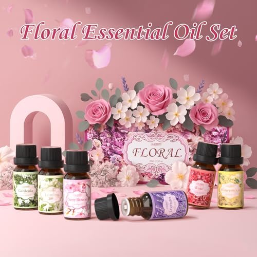 SALUBRITO Floral Fragrance Oils Set, Essential Oils for Diffuser & Candle Making Scents, 6x10ml Aromatherapy Oils Gift Set - Jasmine, Lavender, Rose, Gardenia, Cherry Blossom, Honeysuckle Oil
