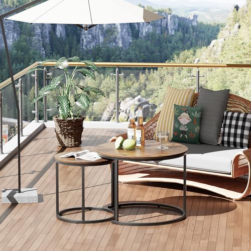 aboxoo Coffee Table Nesting Round Table Set of 2 Side Table with Sturdy Metal Frame for Living Room Bedroom Apartment Modern Industrial Simple Nightstand,Rustic Brown
