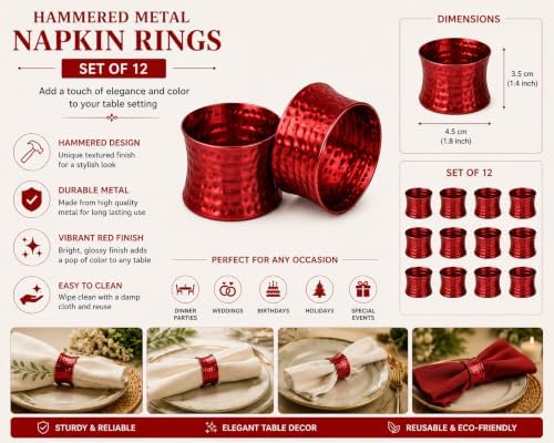 ITOS365 Red Napkin Rings Set of 12, Handmade Hammered Metal Napkin Ring Holders for Dining Table, Wedding, Parties & Everyday Table Decor