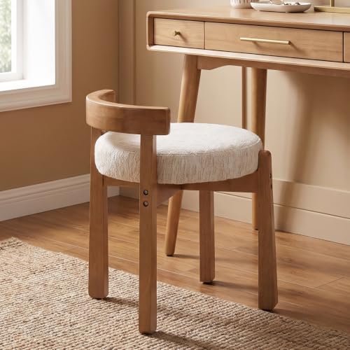 Ya-Home Modern Vanity Chair Upholstered Small Ottoman Footstool, Make Up Stool Chenille Fabric with Wooden Frame for Living Room Bedrooms, 1PC, Cream