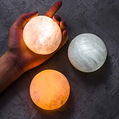 MIYA LIFE Selenite Lamp Hand Carved Stone Lamp Rechargeable Taplights Selenite Crystal Light with Dimmer (White/Warm/Yellow) for Bedroom Healing Natural Crystal Light (1 Piece, Round Taplight)
