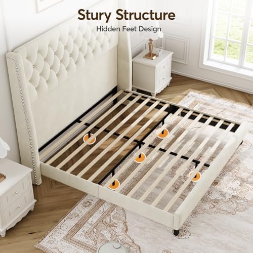 Queen Upholstered Bed Frame, 55.4'' Tall Headboard with Wingback