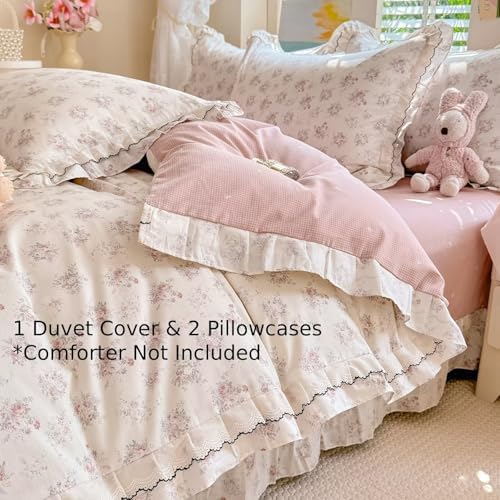 Floral Cotton Duvet Cover Queen Size 3 Pcs Set,90"×90" Bedding