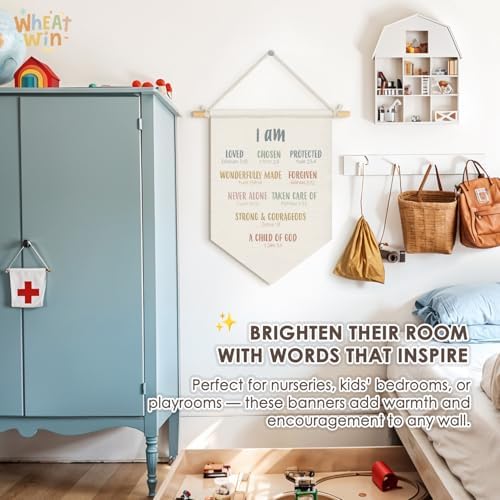 Wheatwin Christian Nursery Decor, I Am Inspirational Positive Affirmations Wall Hanging Pennant Flag Banner, Bible Verse Wall Decor for Kids Nursery Toddler Room Bedroom Playroom 15x11 Inch