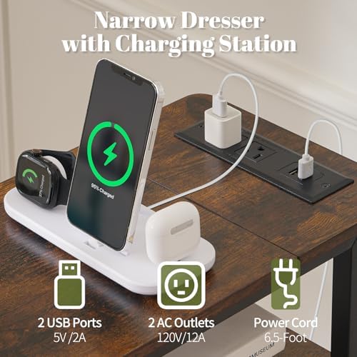 Yoobure Narrow Nightstand with Charging Station, LED Tall Narrow Side Table