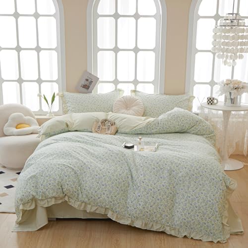 Ruffle Duvet Cover Queen Garden Style Lace Duvet Cover Soft Cotton Vintage Floral Blue Flower Bedding Set Romantic Ruffle Comforter Cover Princess Lace Bedding Botanical Comforter Cover Queen Size