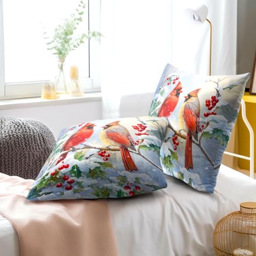 Winter Red Bird Throw Pillow Cover Set of 2 16x16 Inch Winter Christmas Pillowcase Nature Birds Scene Cushion Covers Farmhouse Pillow Protector for Home Bedroom Sofa
