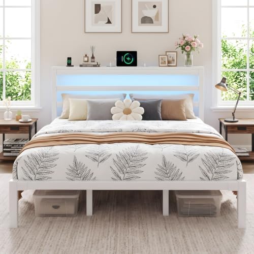 King Bed Frame with Charging Station and LED Lights Headboard,White