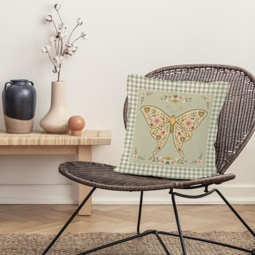 Cottagecore Luna Moth Green Gingham Throw Pillow Cover 18x18
