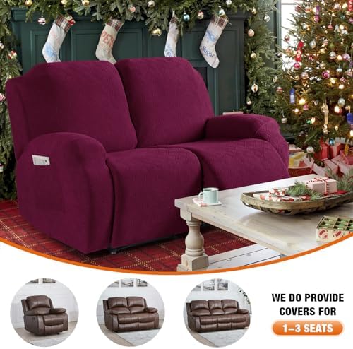 VANSOFY Recliner Cover, 2-Pieces Stretch Reclining Couch Cover with Pockets Loveseat Sofa Slipcovers Soft Washable Furniture Protector for Dogs Cats(Burgundy)