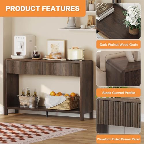 FATORRI Console Sofa Table with 2 Drawers, Wood Couch Table Behind Sofa, Farmhouse Entryway Tables for Hallway Storage (47.2 inch, Dark Walnut)