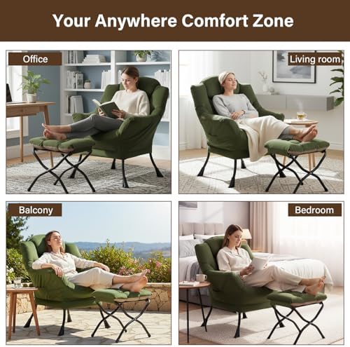 Welnow Lazy Chair with Ottoman, Reading Chair with Footrest, Army Green